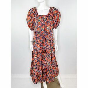 Zoco Orange Navy Floral Maxi Dress Size S Puff Sleeve Peasant Boho Cottagecore